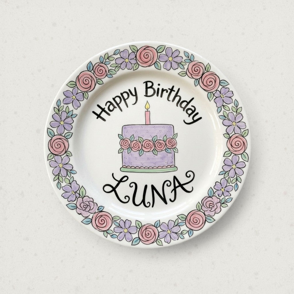 Personalized Girl's Ceramic Birthday Plate - Custom Name & Hand-Painted Floral Keepsake- BCP17