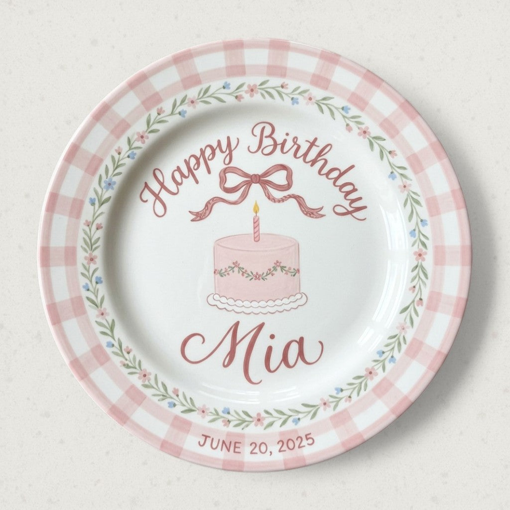 Personalized Girl's Ceramic Birthday Plate - Custom Name & Hand-Painted Floral Keepsake- BCP12
