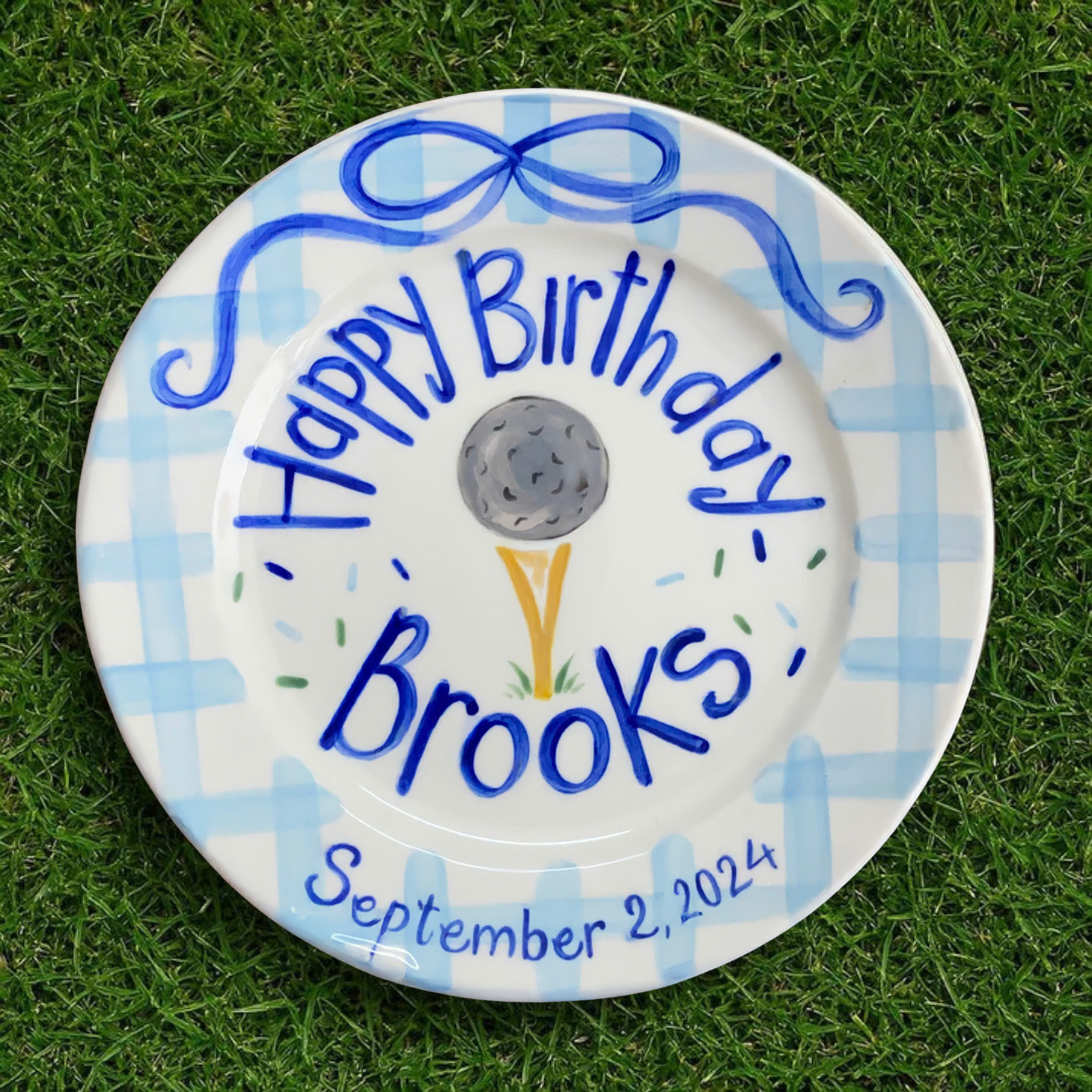 Personalized Golf Preppy 1st Birthday Plate - Blue Gingham - BCP19