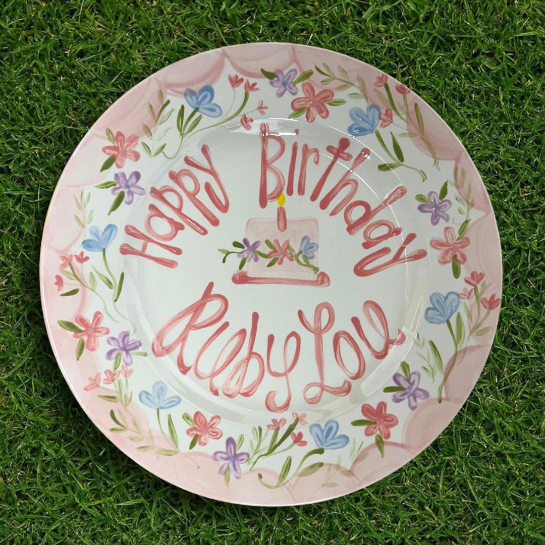 Personalized Pink Wildflower Birthday Plate - Whimsical Hand-Painted - BCP15