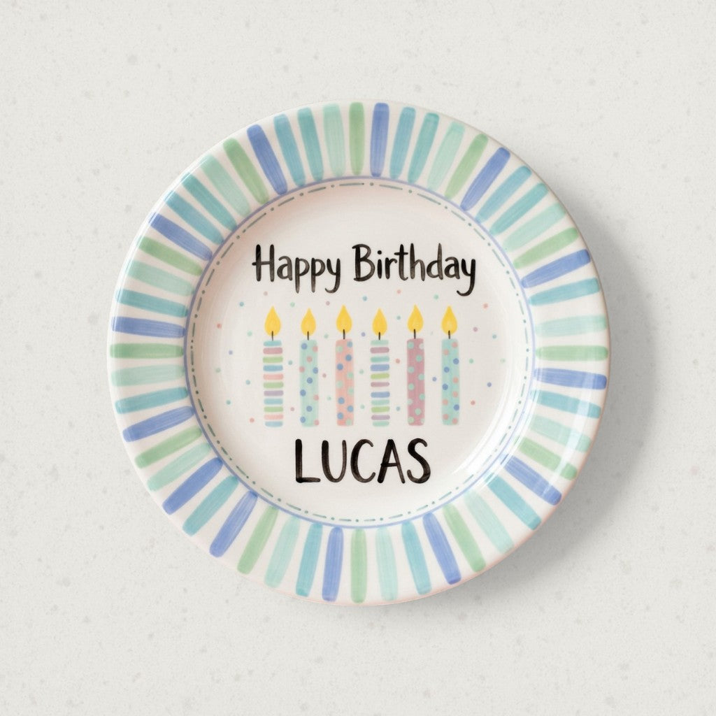 Personalized Boy's Ceramic Birthday Plate - Custom Name & Hand-Painted Keepsake - BCP16