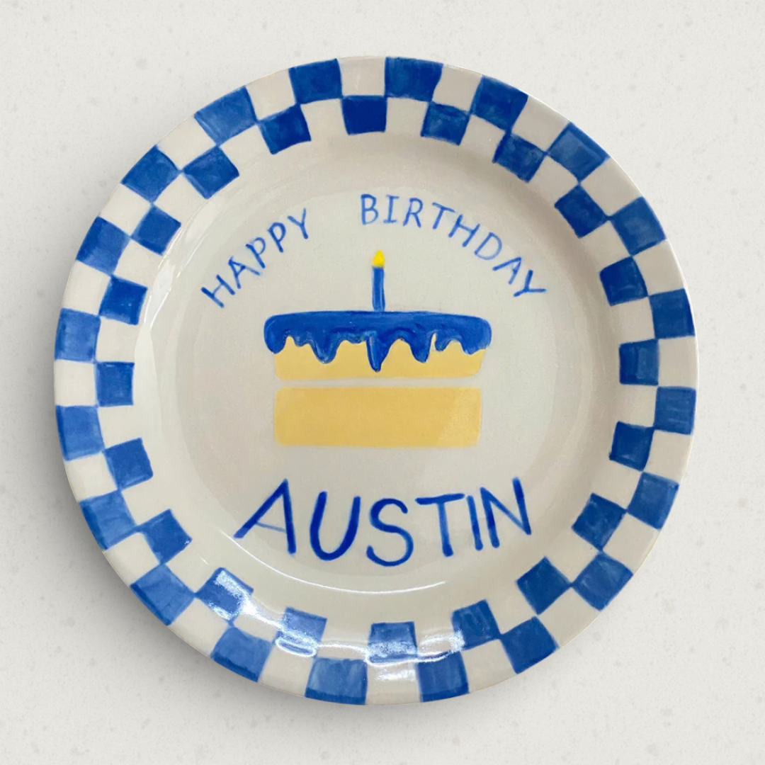 Custom Blue Checkered Birthday Plate – Personalized Ceramic Gift - BCP56