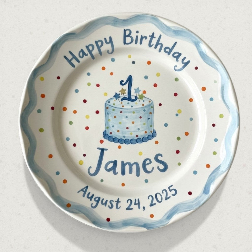 Personalized Boy's Ceramic Birthday Plate - Custom Name & Hand-Painted Keepsake - BCP05