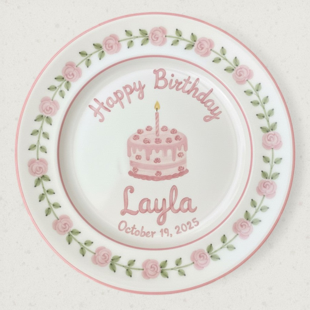 Personalized Girl's Ceramic Birthday Plate - Custom Name & Hand-Painted Floral Keepsake- BCP92