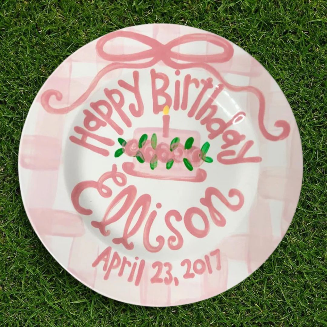 Personalized Gingham 1st Birthday Plate For Girls- Hand-Painted Ceramic - BCP01