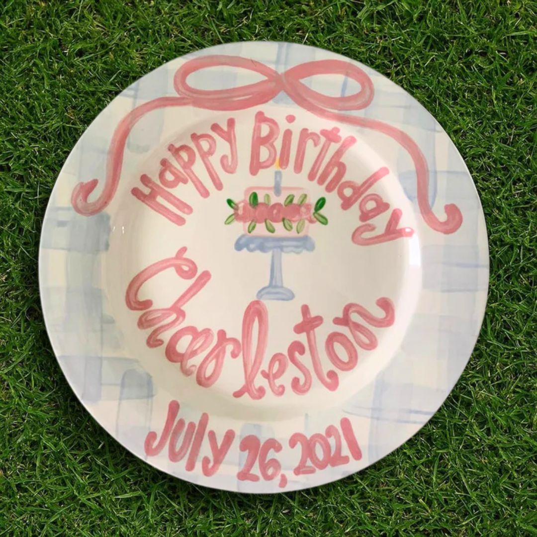 Personalized Preppy Girl's 1st Birthday Plate - Blue Gingham & Bow - BCP05