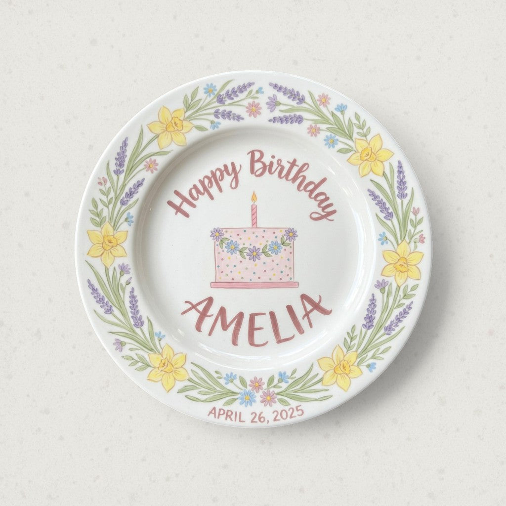 Personalized Girl's Ceramic Birthday Plate - Custom Name & Hand-Painted Floral Keepsake- BCP18