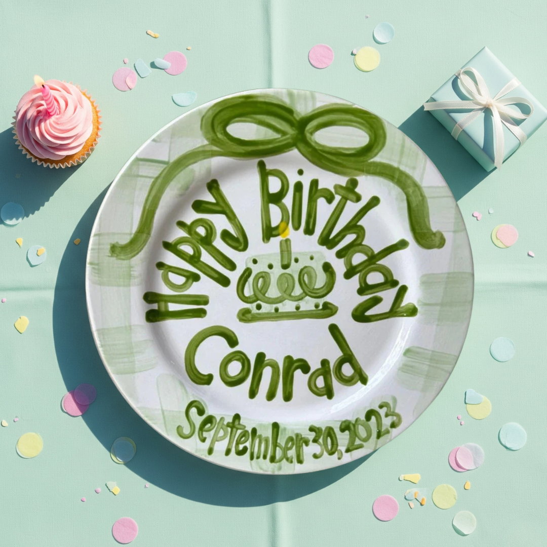 Personalized Preppy Boy's 1st Birthday Plate - Green Gingham - BCP08
