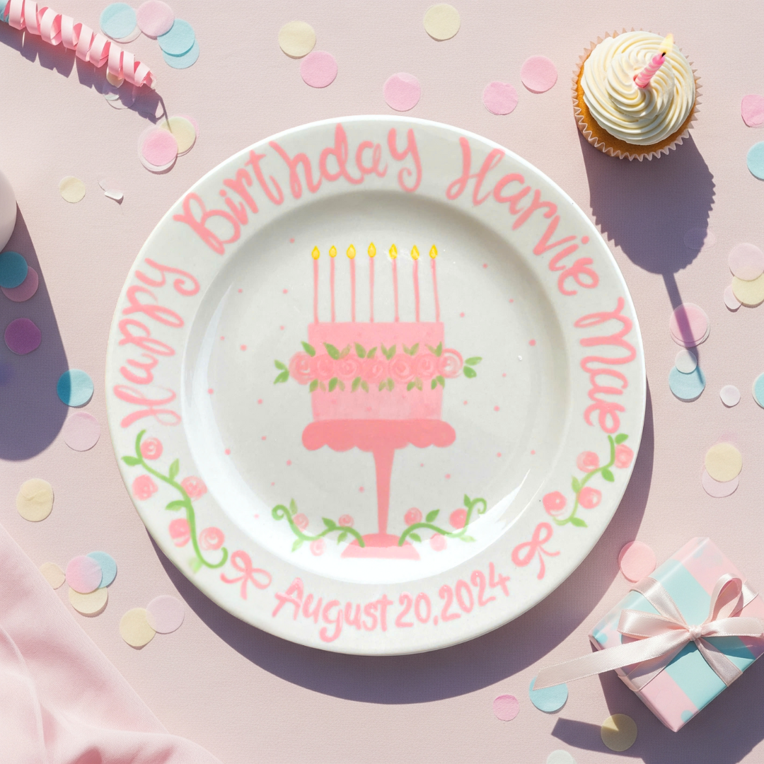 Personalized Preppy Girl's 1st Birthday Plate - Flowers, Bunny & Ribbons - BCP10