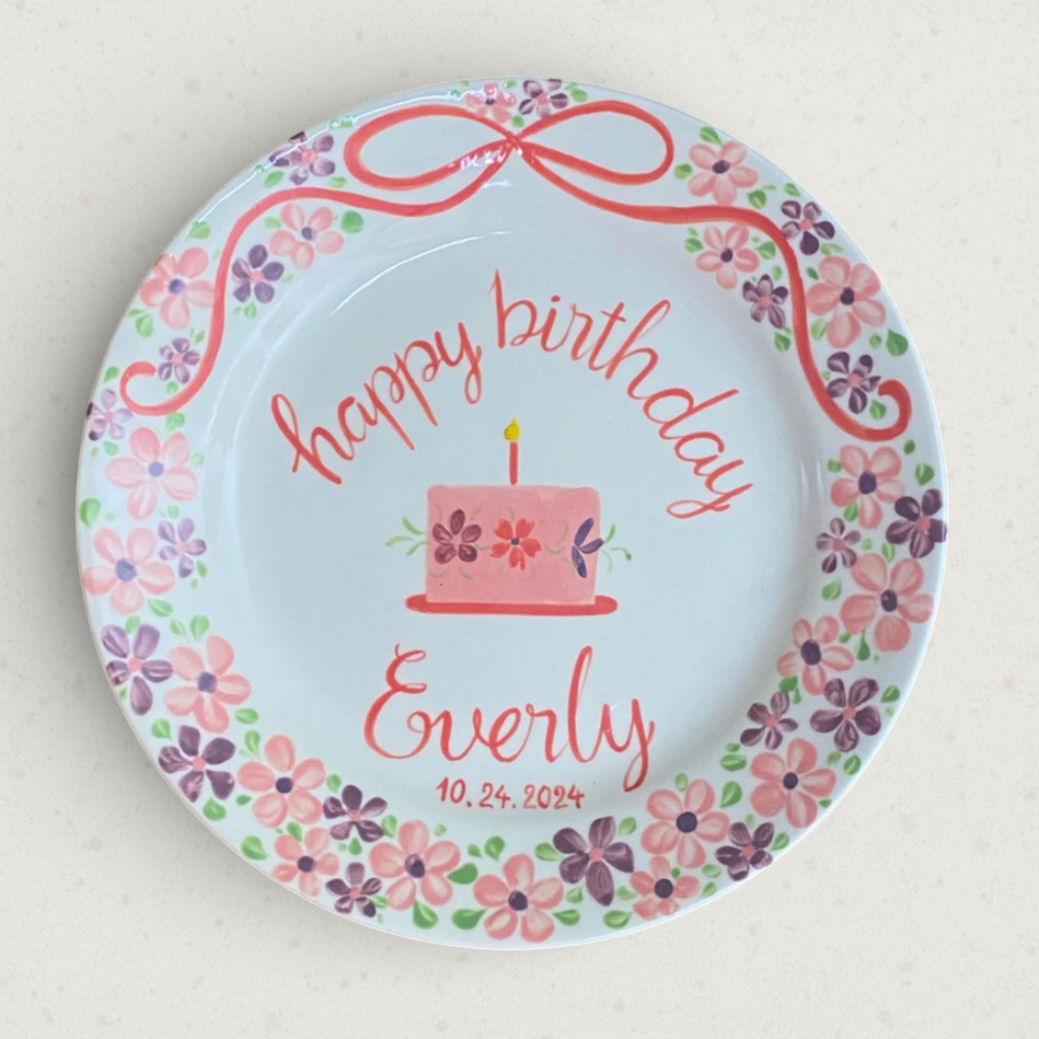 Personalized Floral Birthday Plate with Name & Date – Ceramic Gift - BCP37