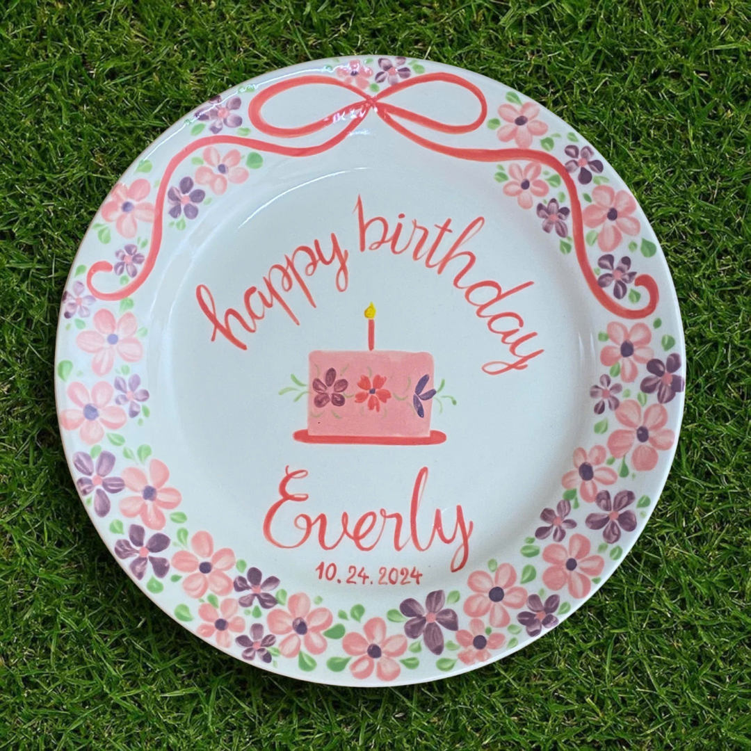 Personalized Floral Birthday Plate with Name & Date – Ceramic Gift - BCP37