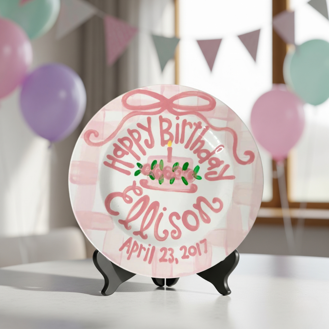 Personalized Gingham 1st Birthday Plate For Girls- Hand-Painted Ceramic - BCP01