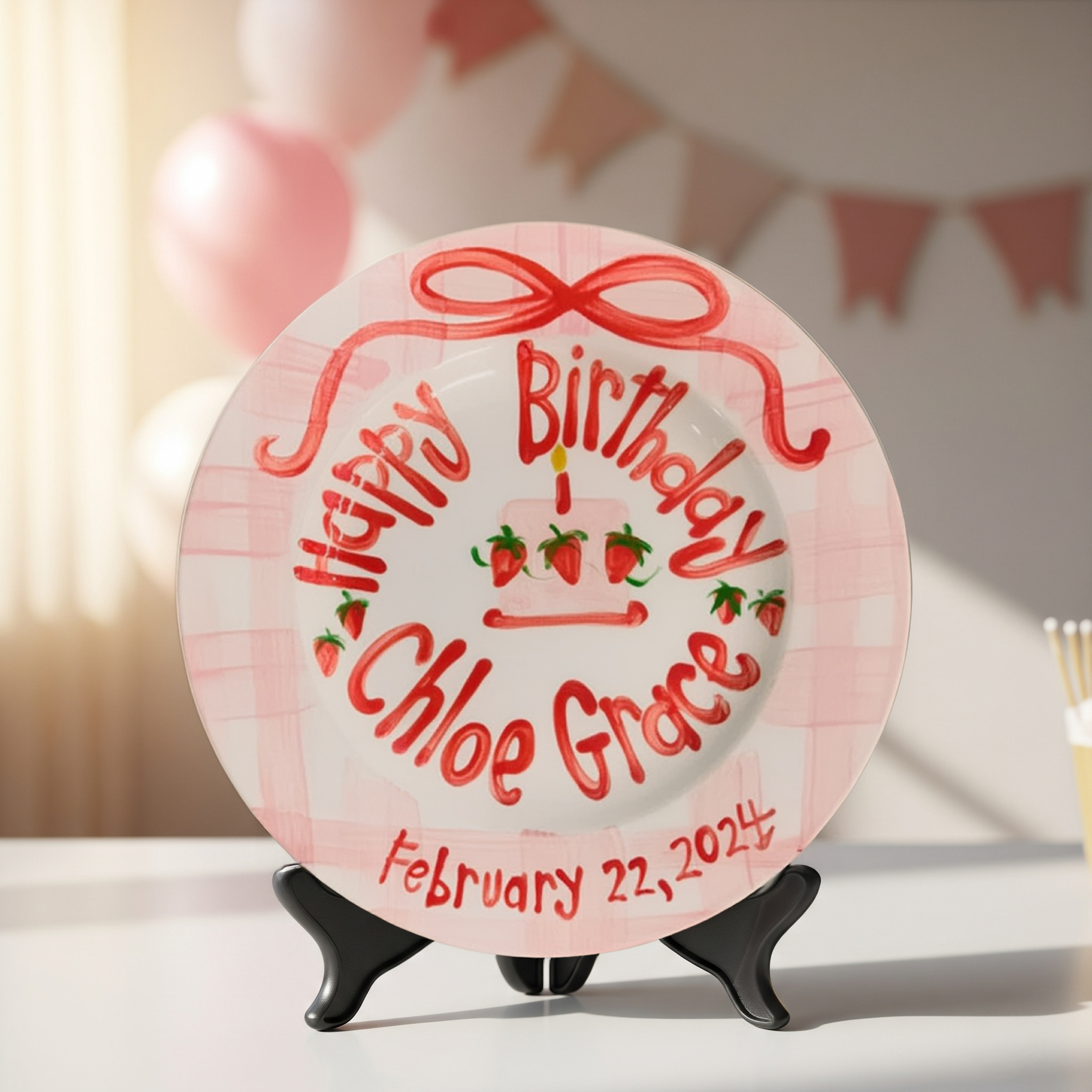 Personalized Strawberry 1st Birthday Plate - Pink Gingham Keepsake - BCP04