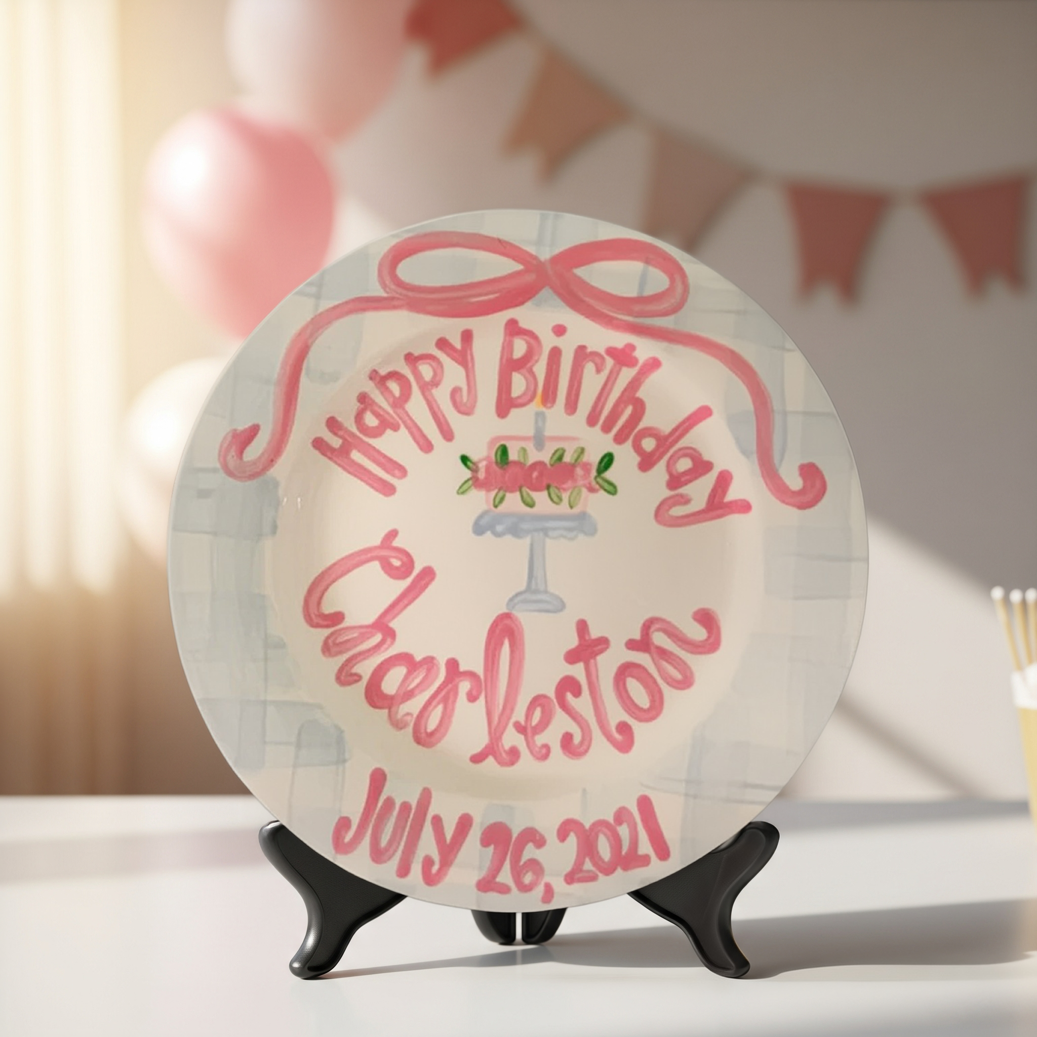 Personalized Preppy Girl's 1st Birthday Plate - Blue Gingham & Bow - BCP05