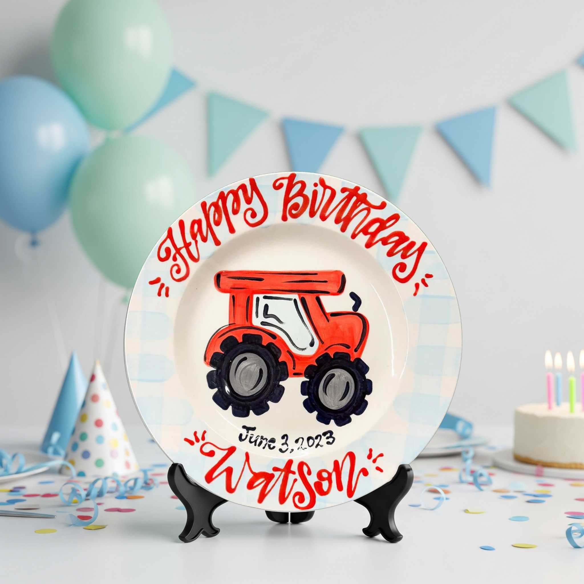 Personalized Tractor Birthday Plate – Custom Ceramic Gift for Kids- BCP25