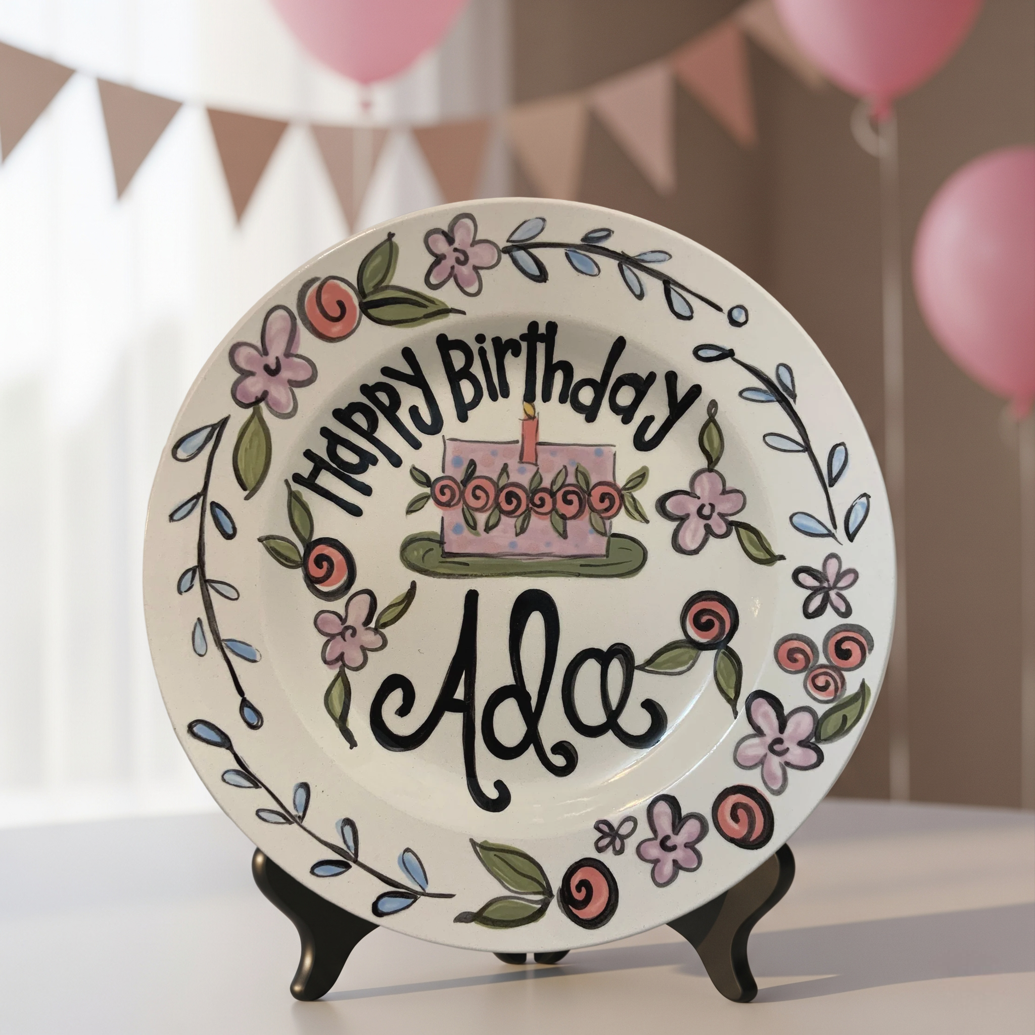 Personalized Boho Whimsical Girl's 1st Birthday Plate - Custom Hand-Painted - BCP13