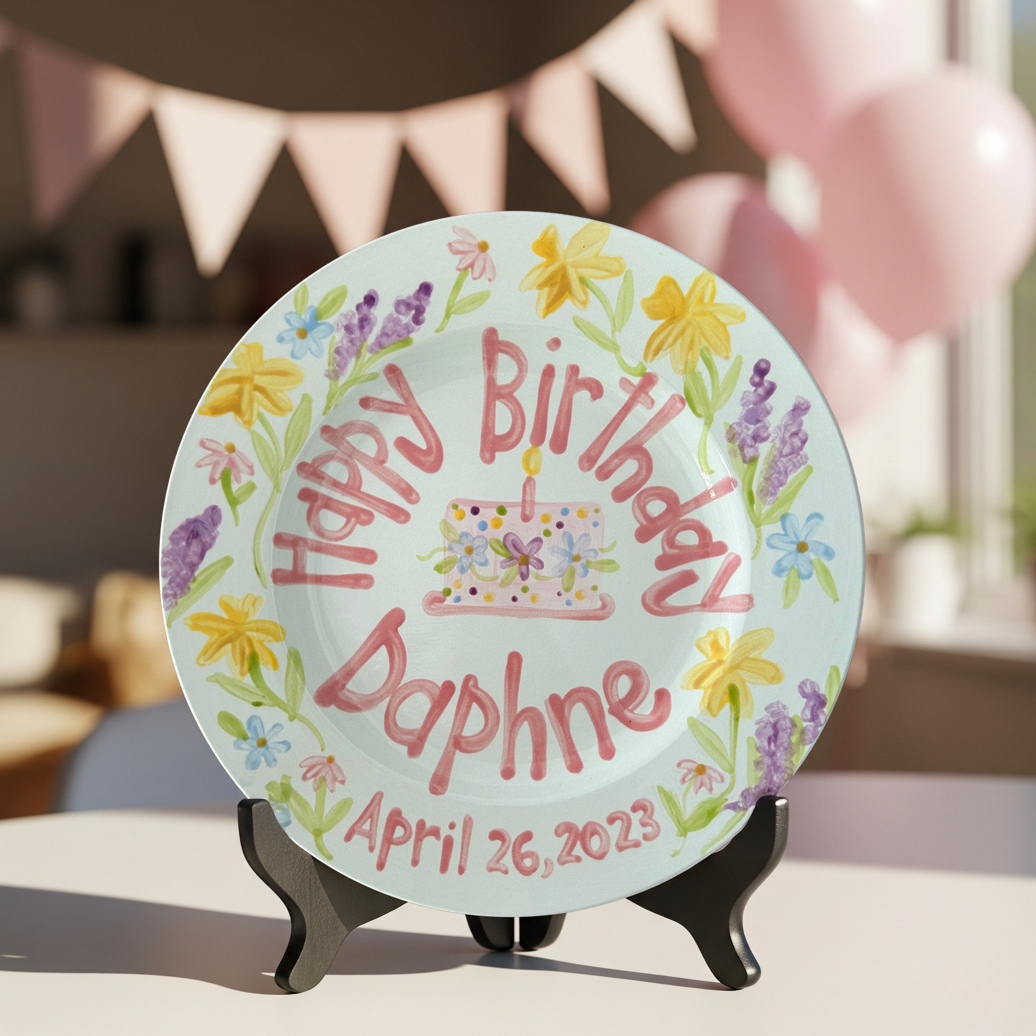 Personalized Wildflower Whimsical Girl's 1st Birthday Plate- Custom Hand-Painted - BCP14