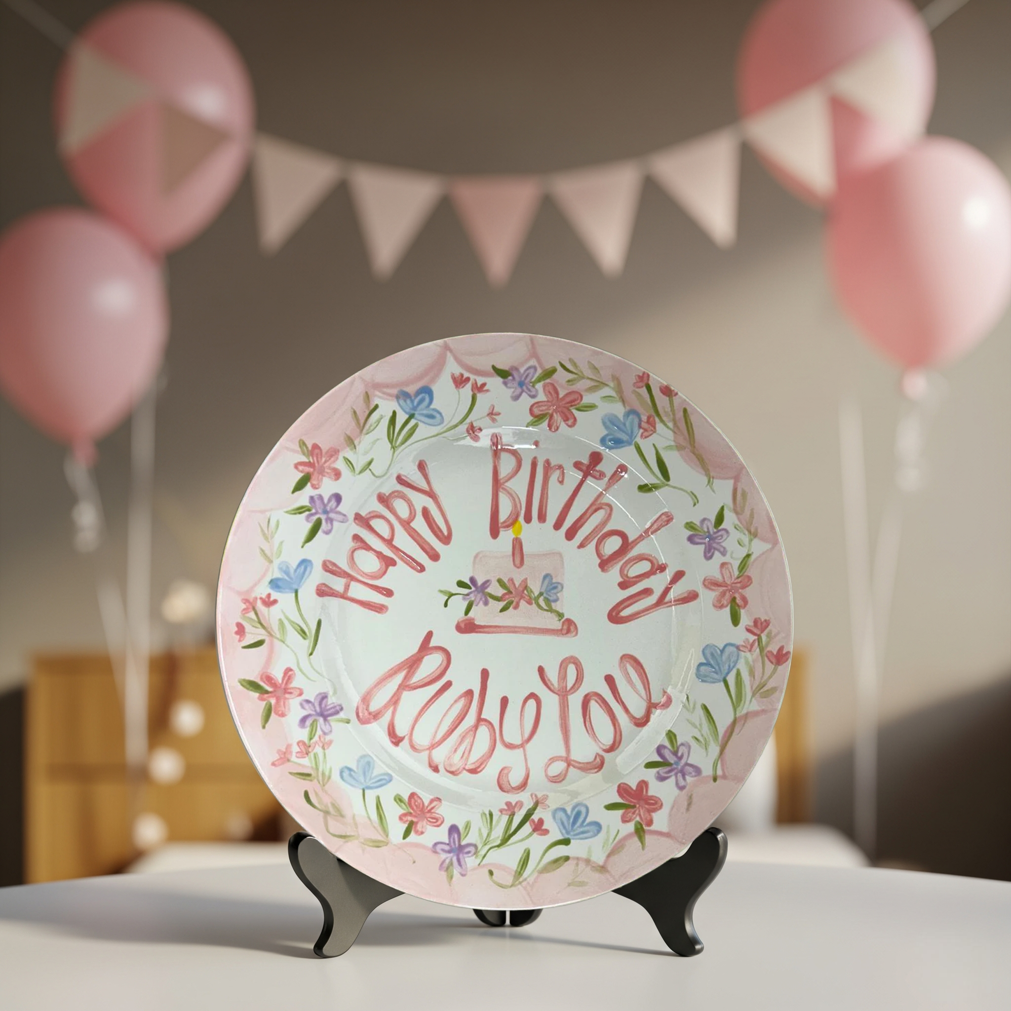 Personalized Pink Wildflower Birthday Plate - Whimsical Hand-Painted - BCP15