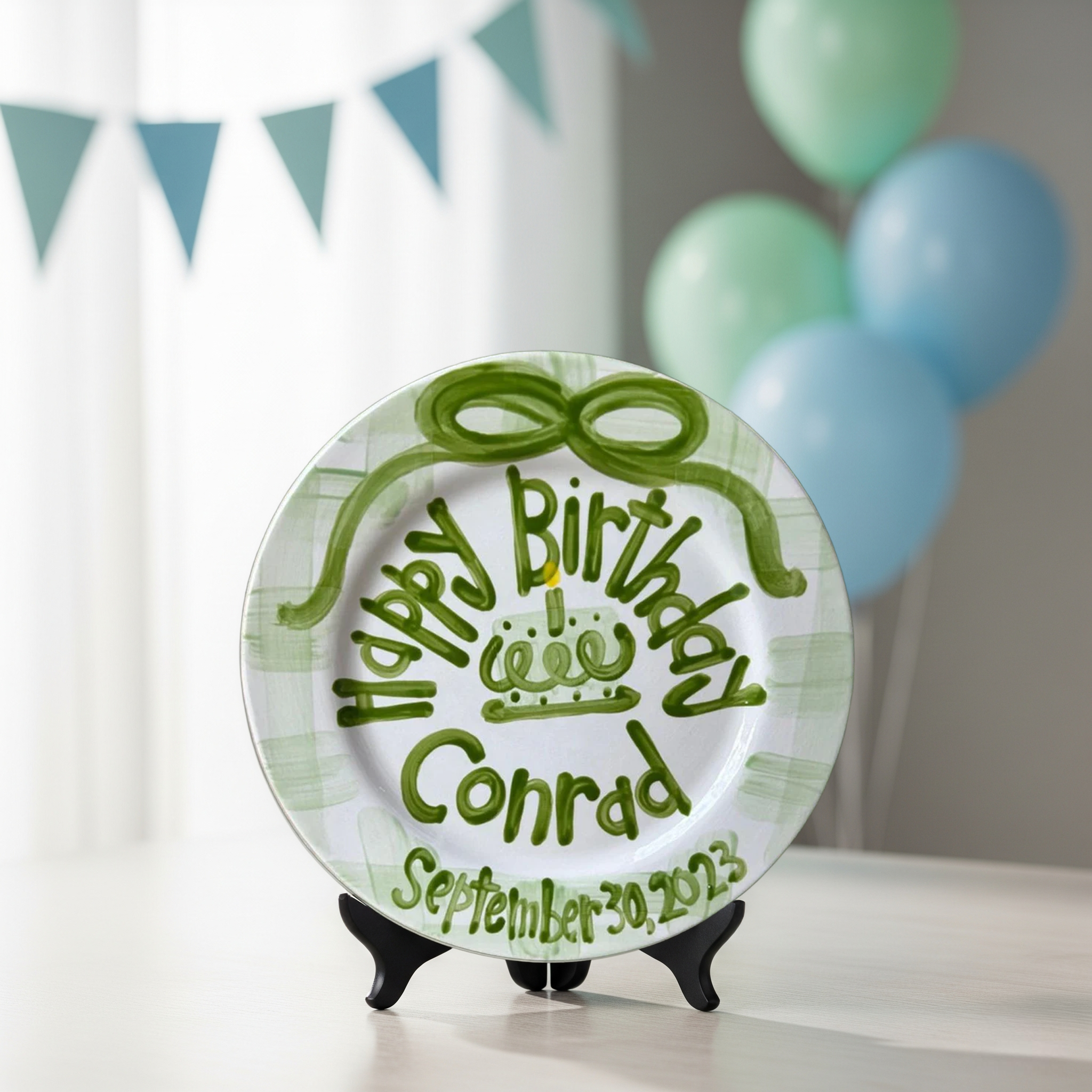Personalized Preppy Boy's 1st Birthday Plate - Green Gingham - BCP08