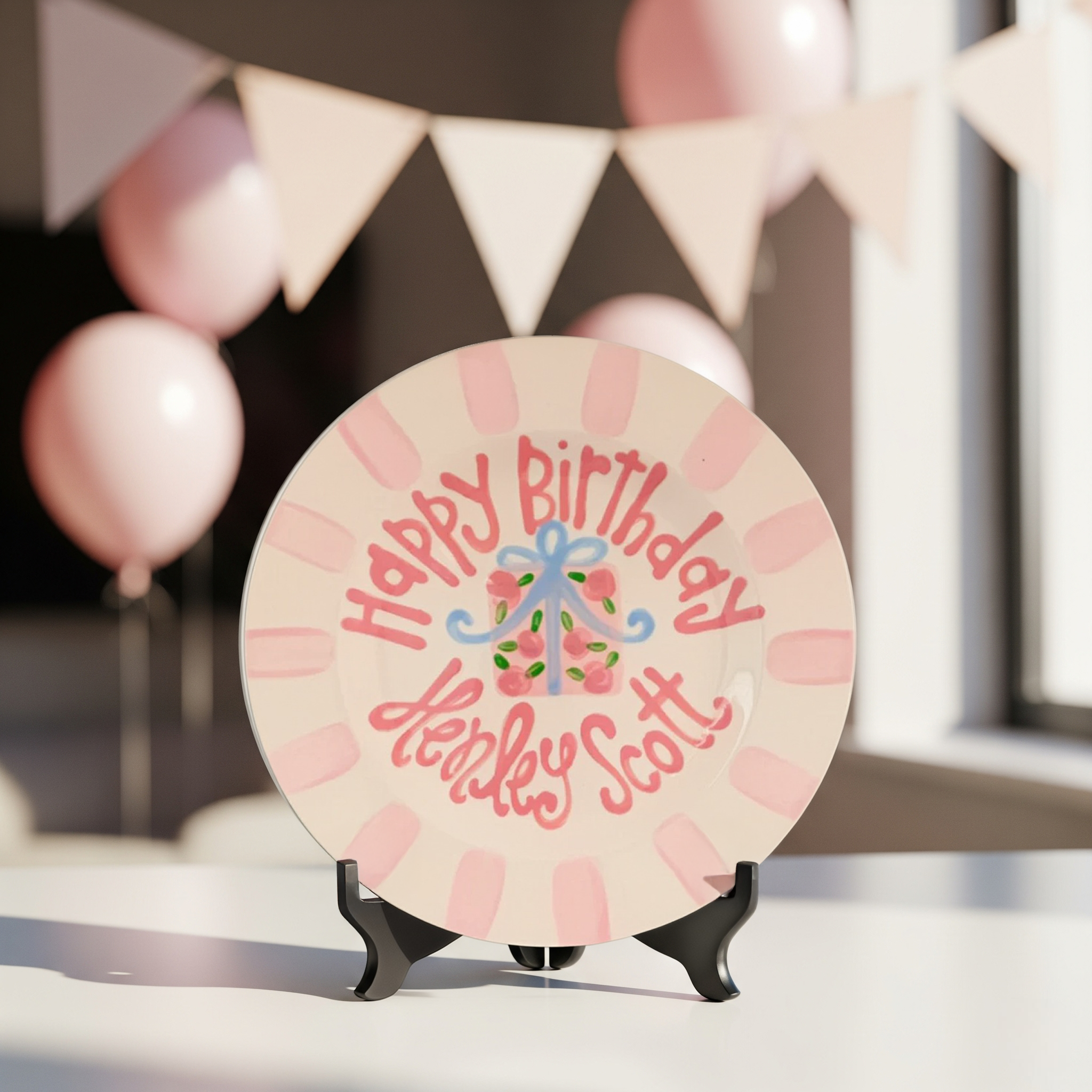 Personalized Floral Present 1st Birthday Plate - Hand-Painted Keepsake - BCP11