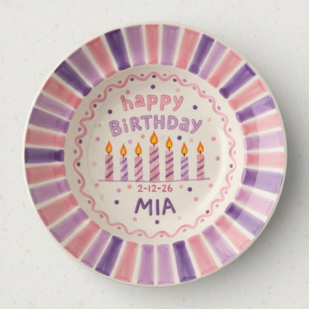 Personalized Girl's Ceramic Birthday Plate - Custom Name & Hand-Painted Keepsake- BCP83