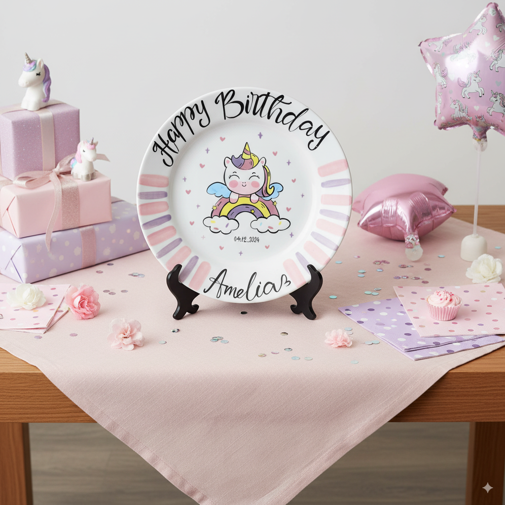 Personalized Ceramic Unicorn and Rainbow Birthday Plate - Unique Gift for Girls- BCP39