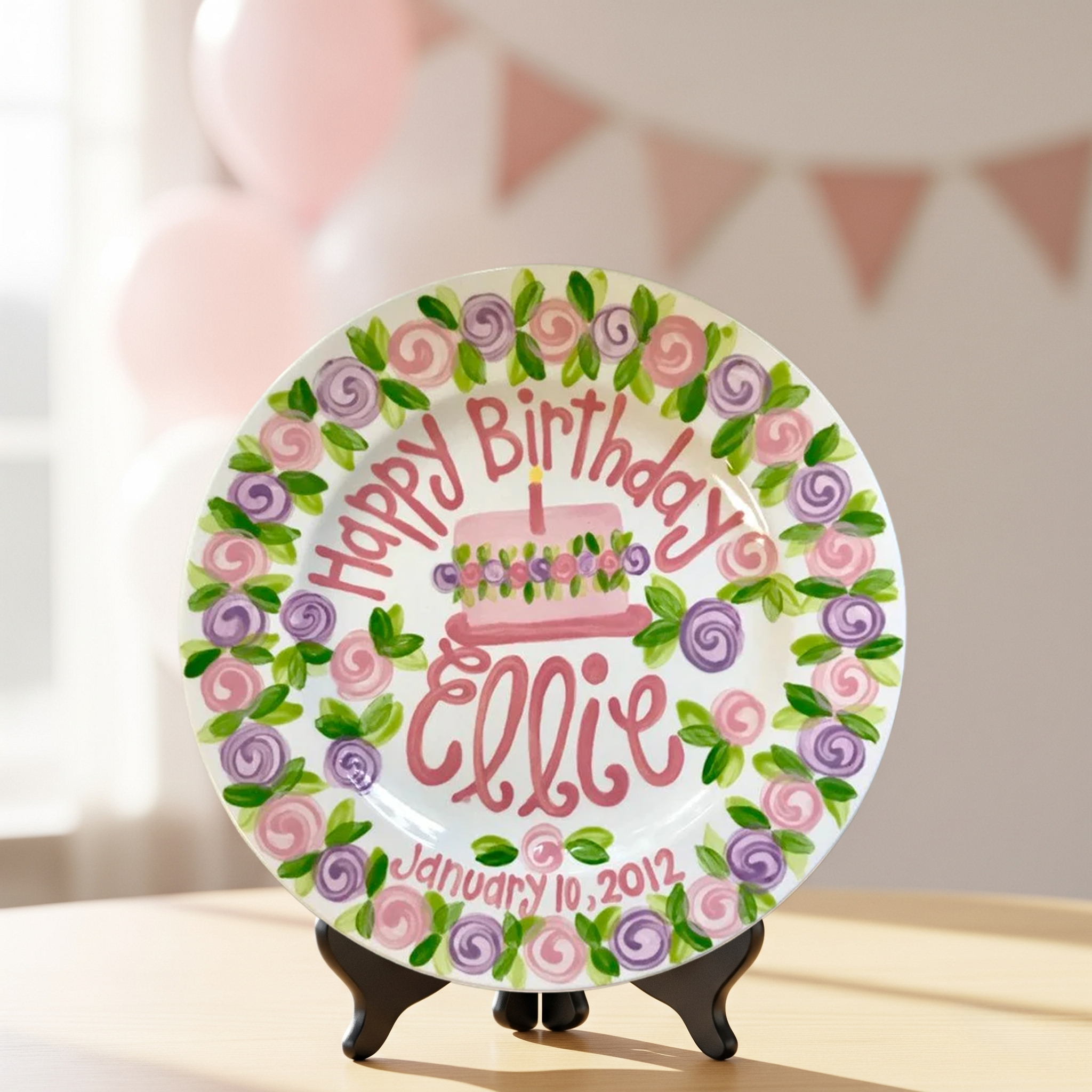 Personalized Boho Wreath 1st Birthday Plate - Custom Hand Painted - BCP21