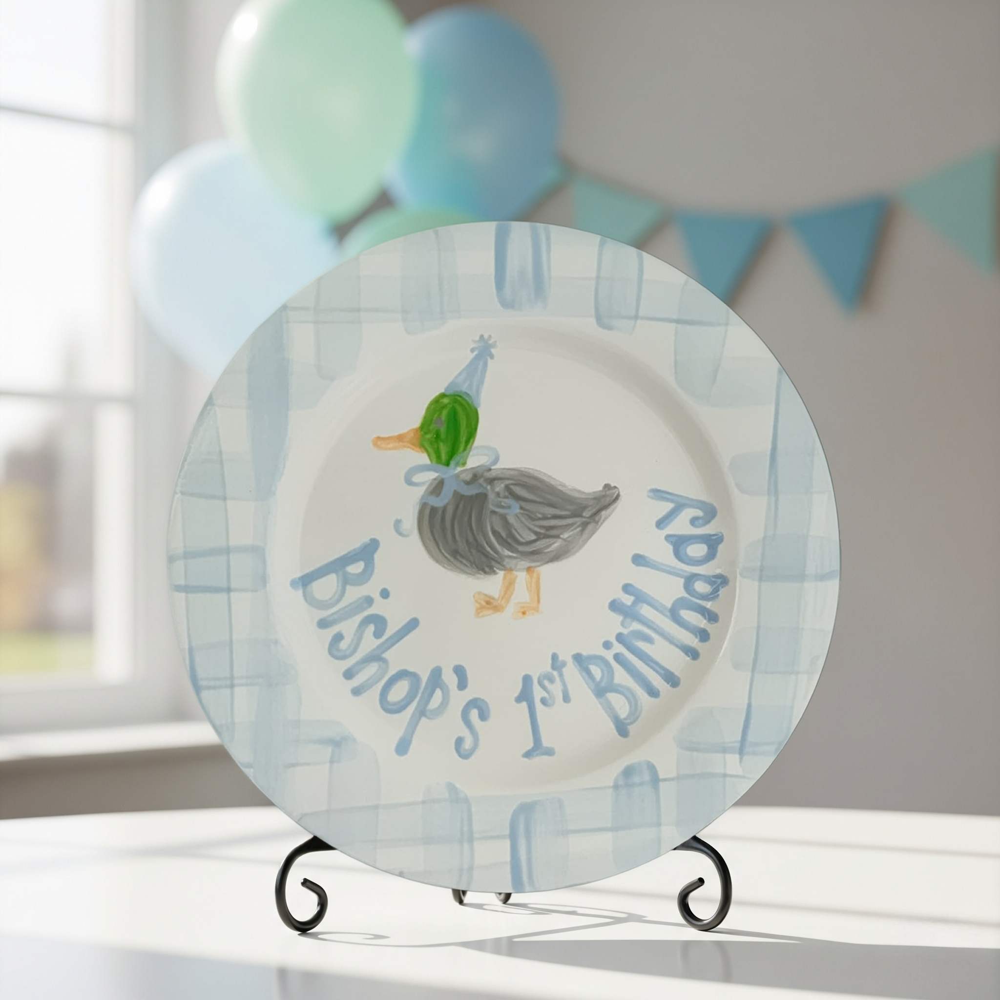 Personalized Preppy Duck Boy's 1st Birthday Plate, Blue Gingham - BCP18
