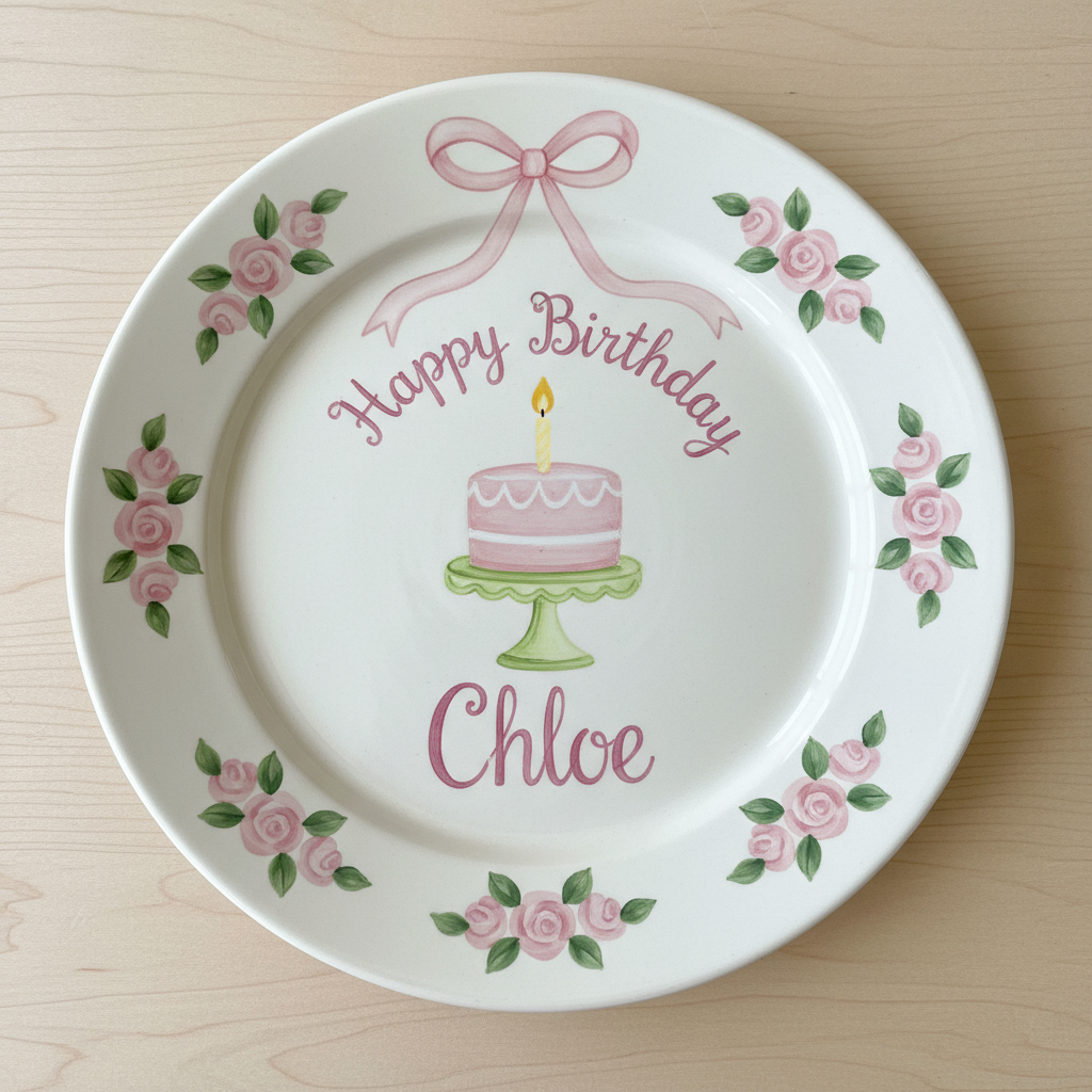 Personalized Girl's Ceramic Birthday Plate - Custom Name & Hand-Painted Keepsake- BCP87