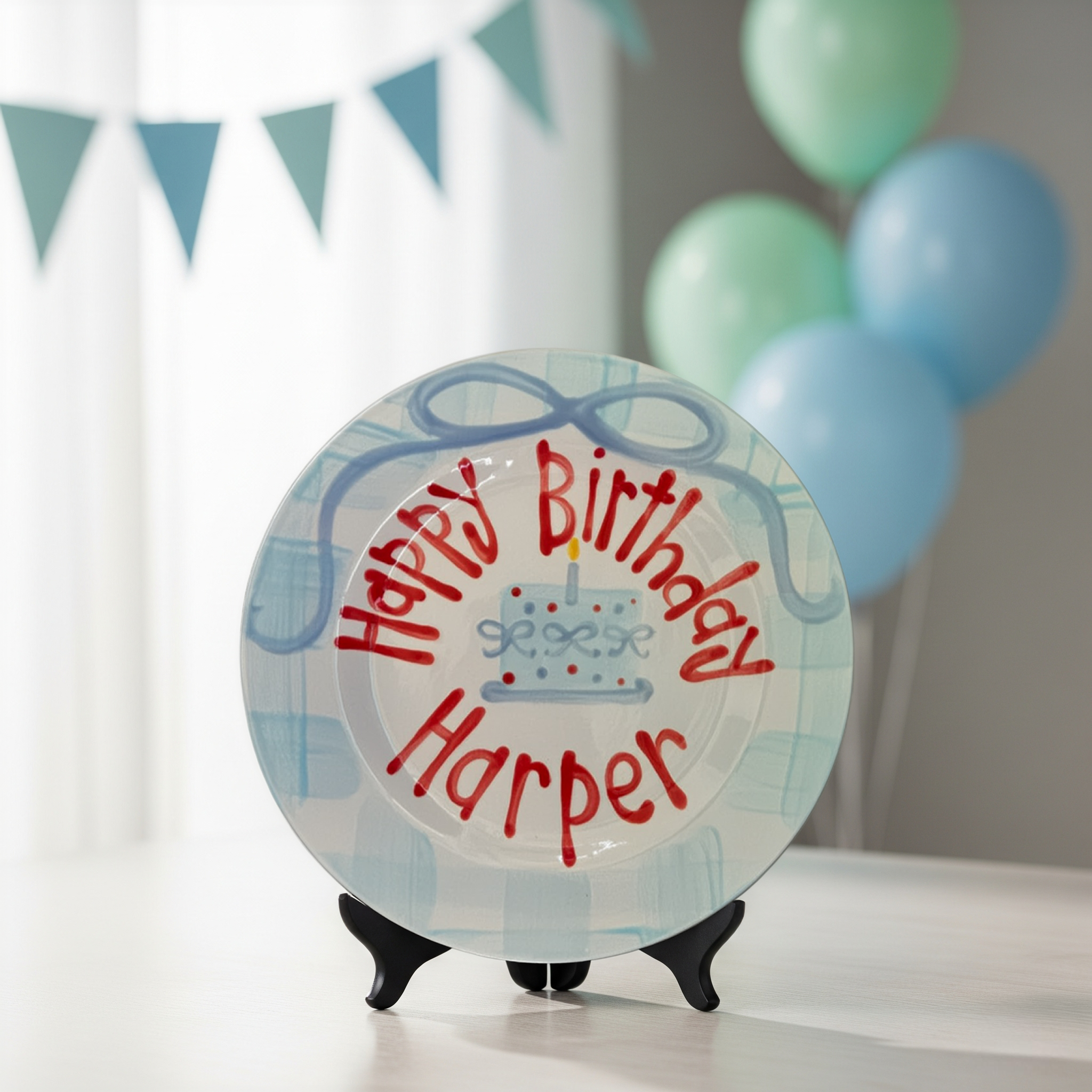 Personalized Preppy Girl's 1st Birthday Plate - Blue Gingham & Red Bows - BCP09