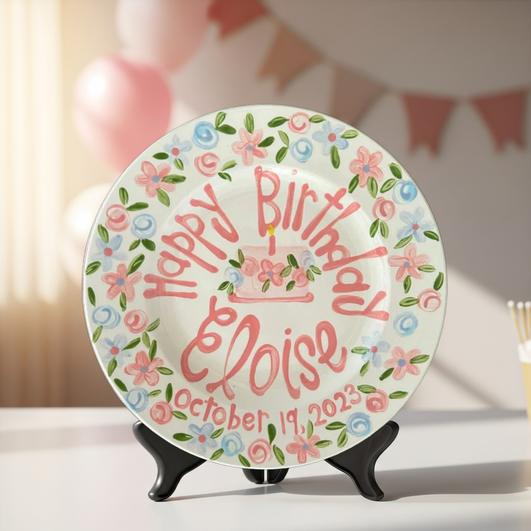 Personalized Pink & Blue Roses 1st Birthday Plate - Wildflower Keepsake - BCP07