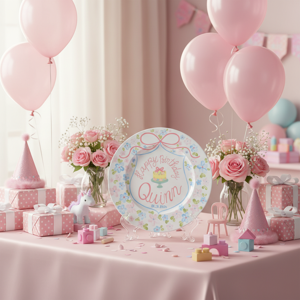 Floral Personalized Birthday Plate with Name & Date for Kids Gift- BCP38