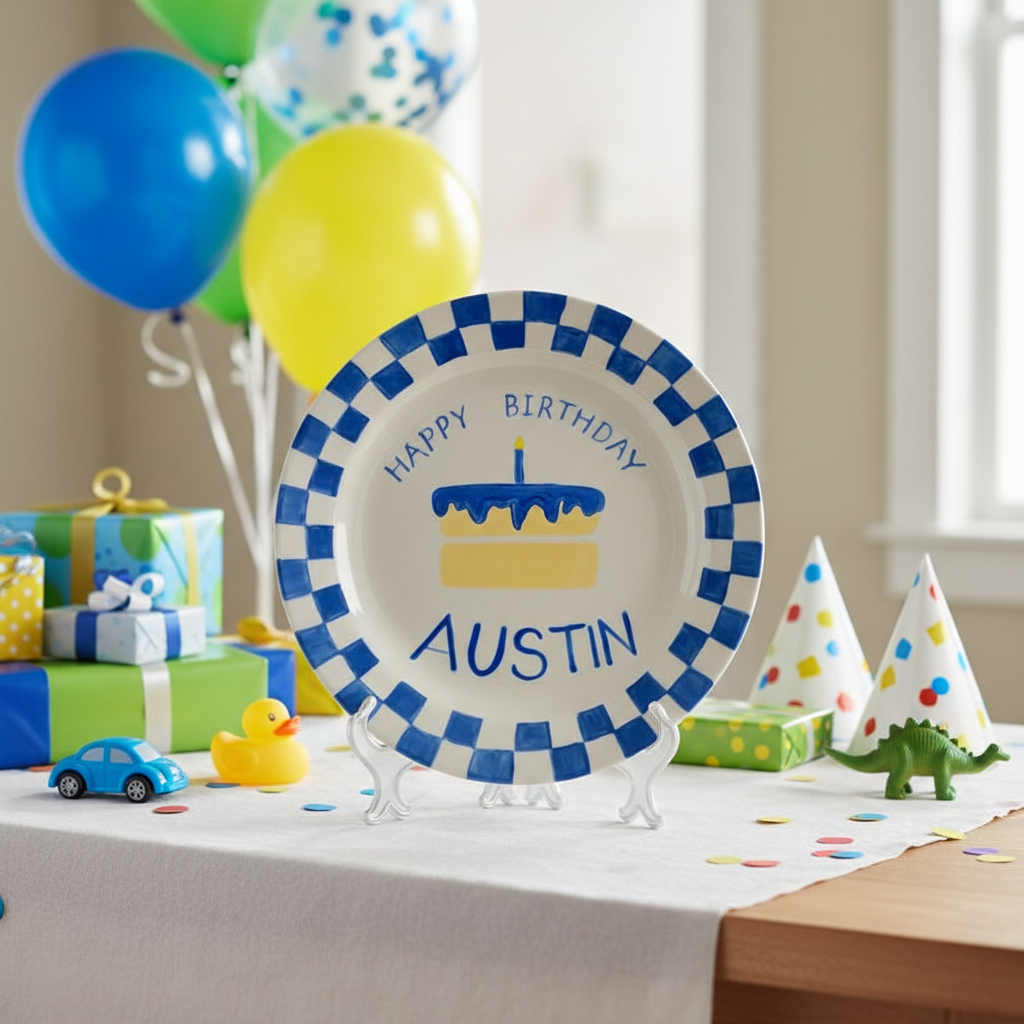 Custom Blue Checkered Birthday Plate – Personalized Ceramic Gift - BCP56