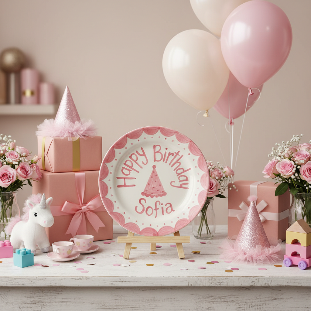 Personalized Baby Girl Ceramic Birthday Plate - Custom Name & Floral Keepsake- BCP02