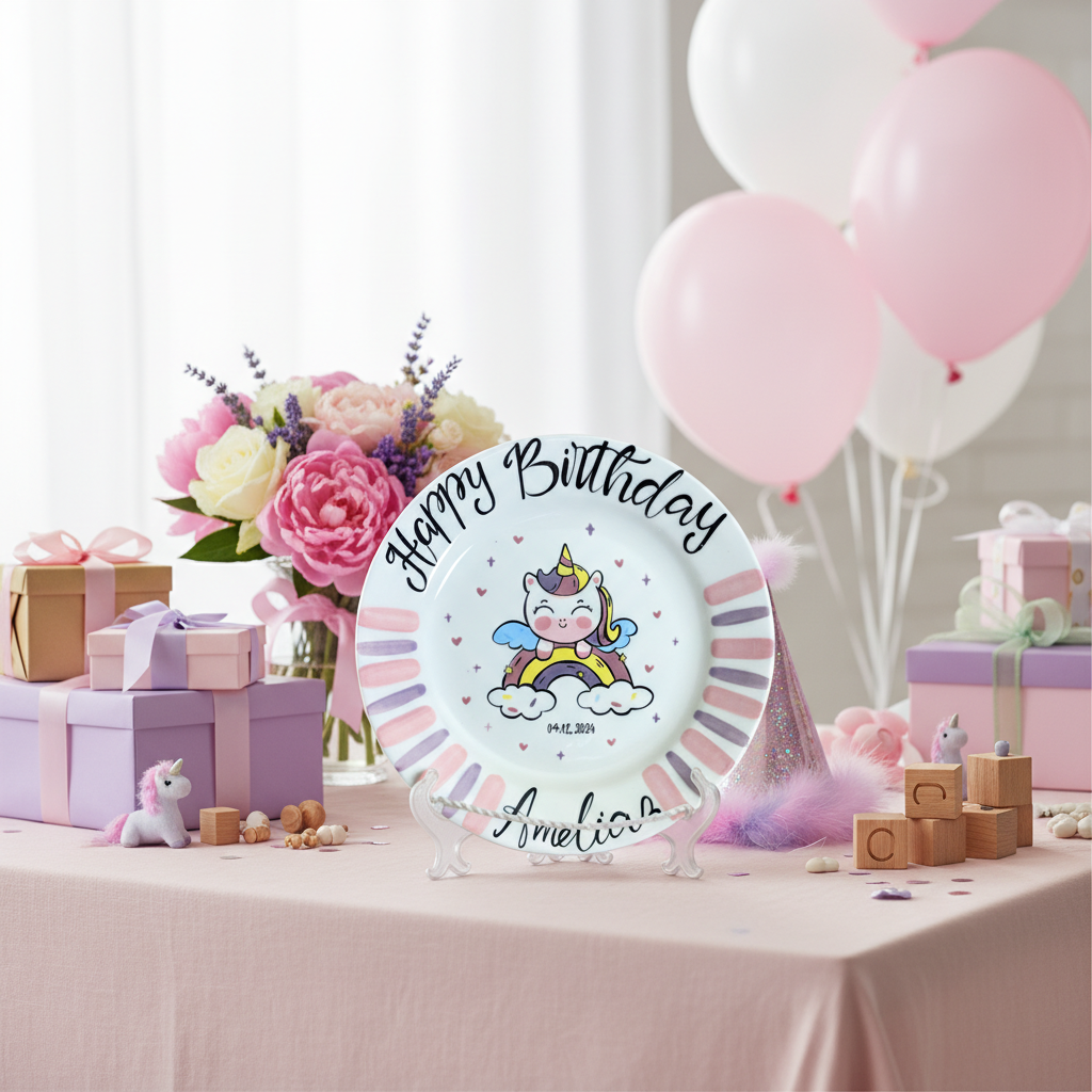 Personalized Ceramic Unicorn and Rainbow Birthday Plate - Unique Gift for Girls- BCP39