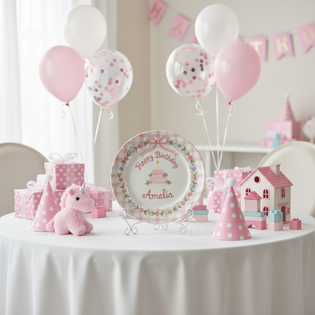 Personalized Baby Girl Ceramic Birthday Plate - Custom Name & Floral Keepsake- BCP79