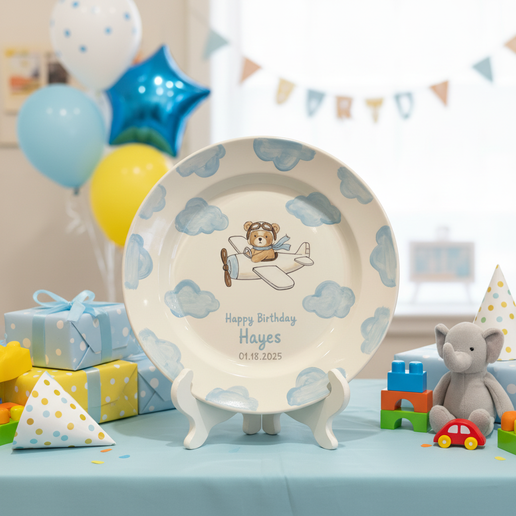 Personalized Boy's Ceramic Birthday Plate - Custom Name & Hand-Painted Keepsake - BCP95B