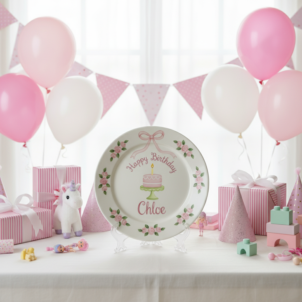 Personalized Girl's Ceramic Birthday Plate - Custom Name & Hand-Painted Keepsake- BCP87