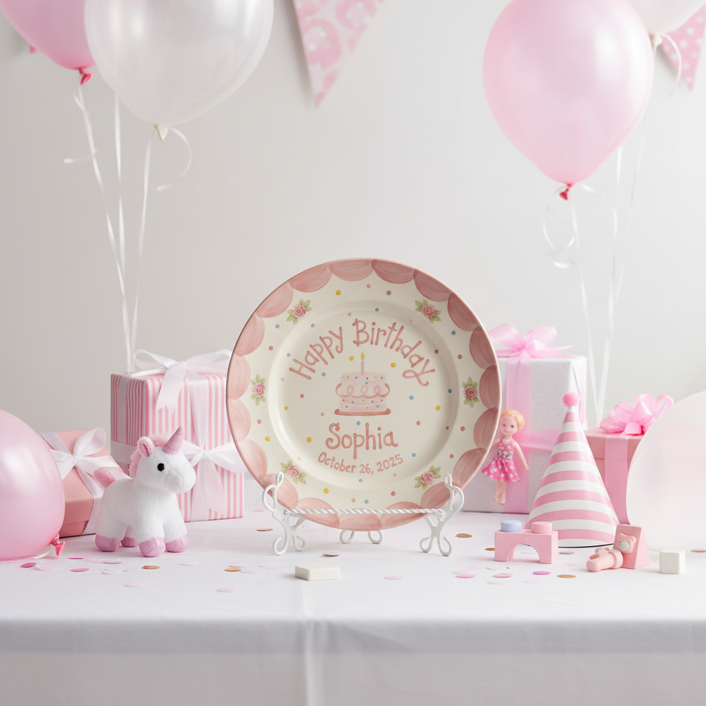Personalized Girl's Ceramic Birthday Plate - Custom Name & Hand-Painted Floral Keepsake- BCP105