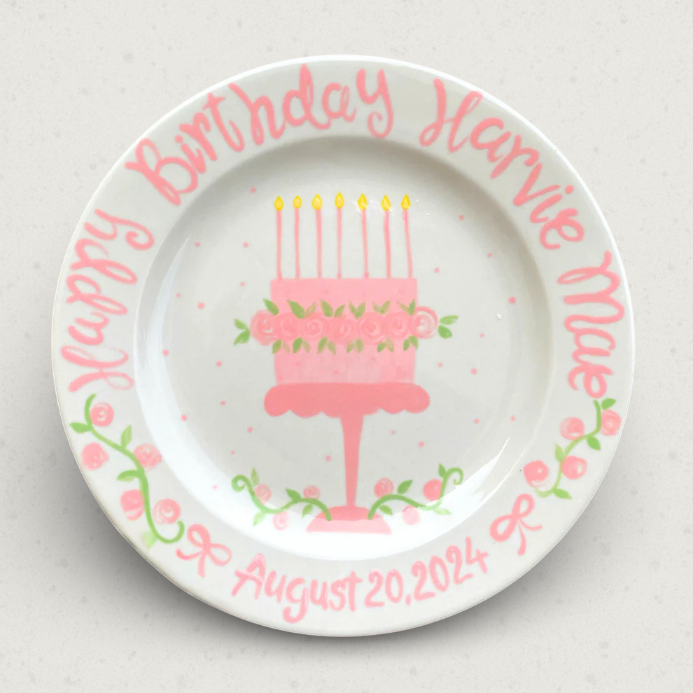 Personalized Preppy Girl's 1st Birthday Plate - Flowers, Bunny & Ribbons - BCP10