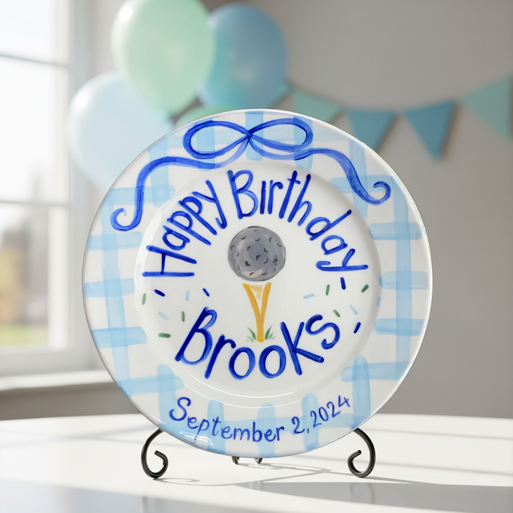 Personalized Golf Preppy 1st Birthday Plate - Blue Gingham - BCP19