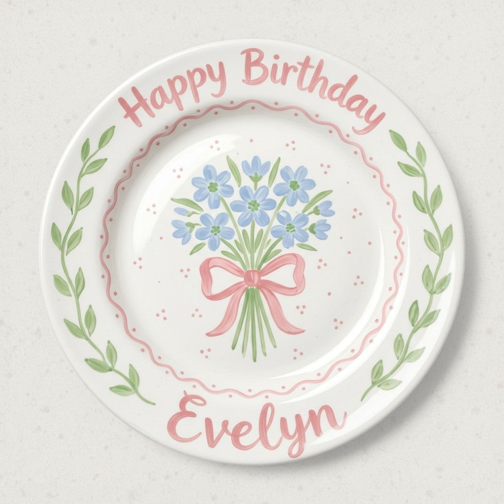 Personalized Girl's Ceramic Birthday Plate - Custom Name & Hand-Painted Floral Keepsake- BCP03