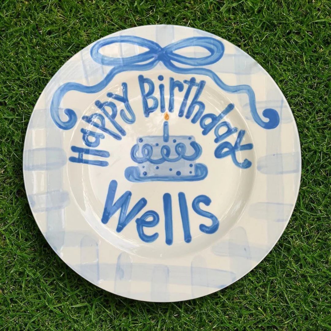 Personalized Blue Gingham 1st Birthday Plate - Preppy Boys Keepsake - BCP03