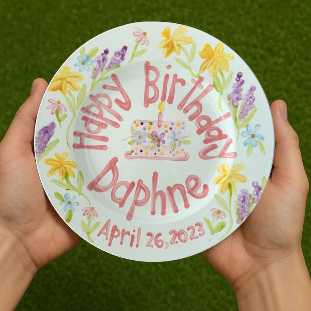 Personalized Wildflower Whimsical Girl's 1st Birthday Plate- Custom Hand-Painted - BCP14