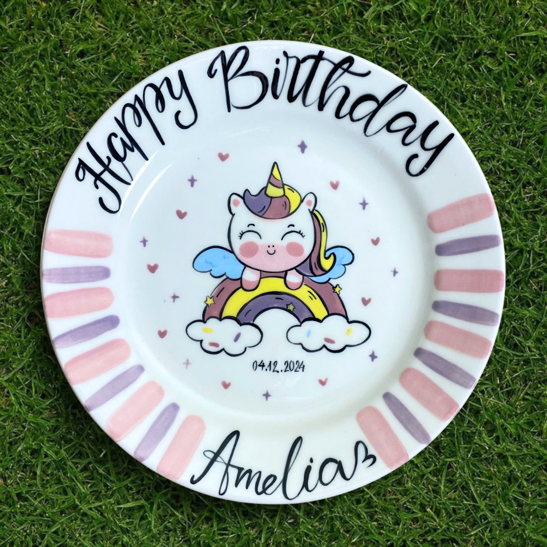 Personalized Ceramic Unicorn and Rainbow Birthday Plate - Unique Gift for Girls- BCP39