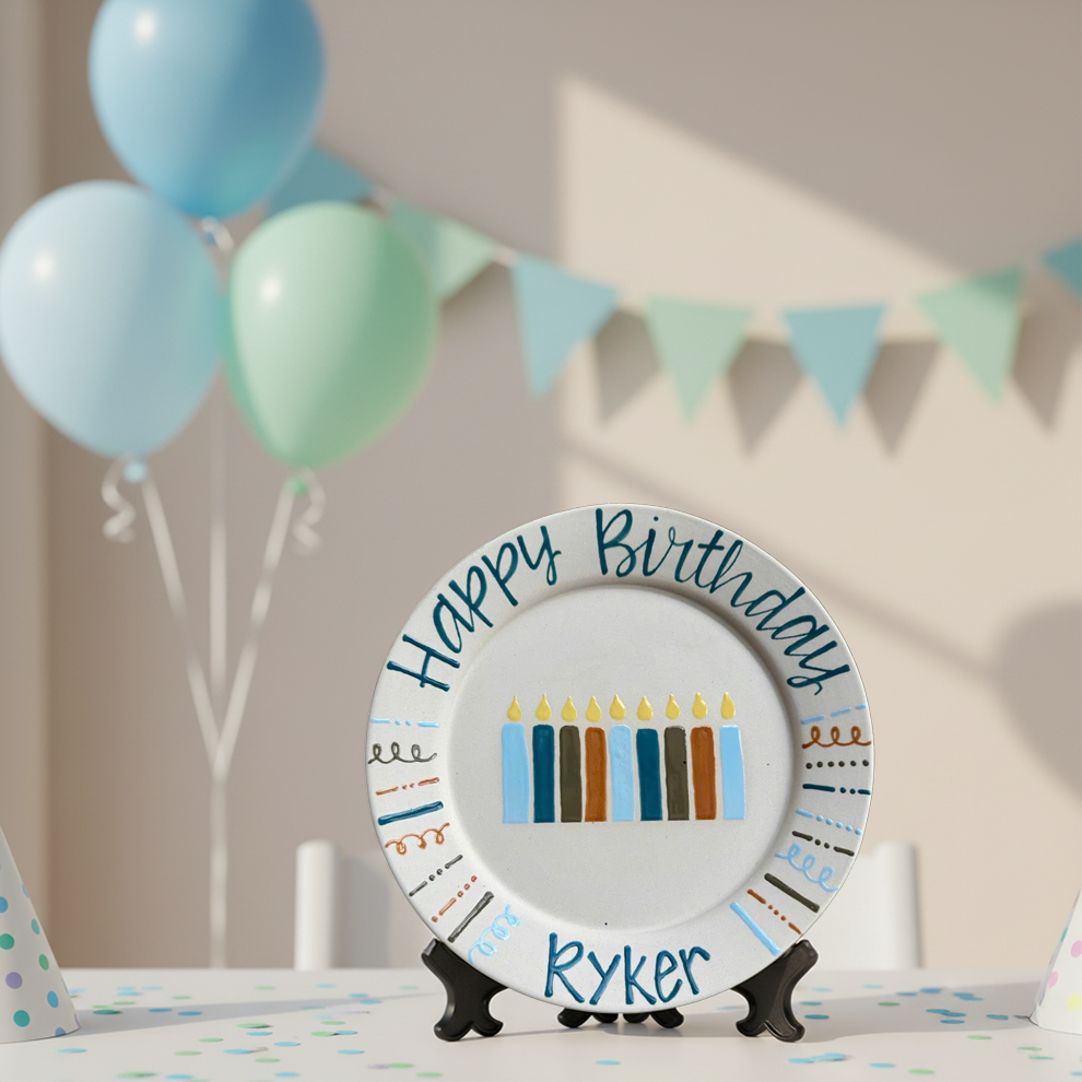 Personalized Ceramic Birthday Plate with Name – Hand-Painted Candle Design- BCP49