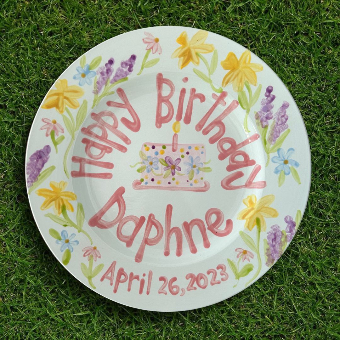 Personalized Wildflower Whimsical Girl's 1st Birthday Plate- Custom Hand-Painted - BCP14