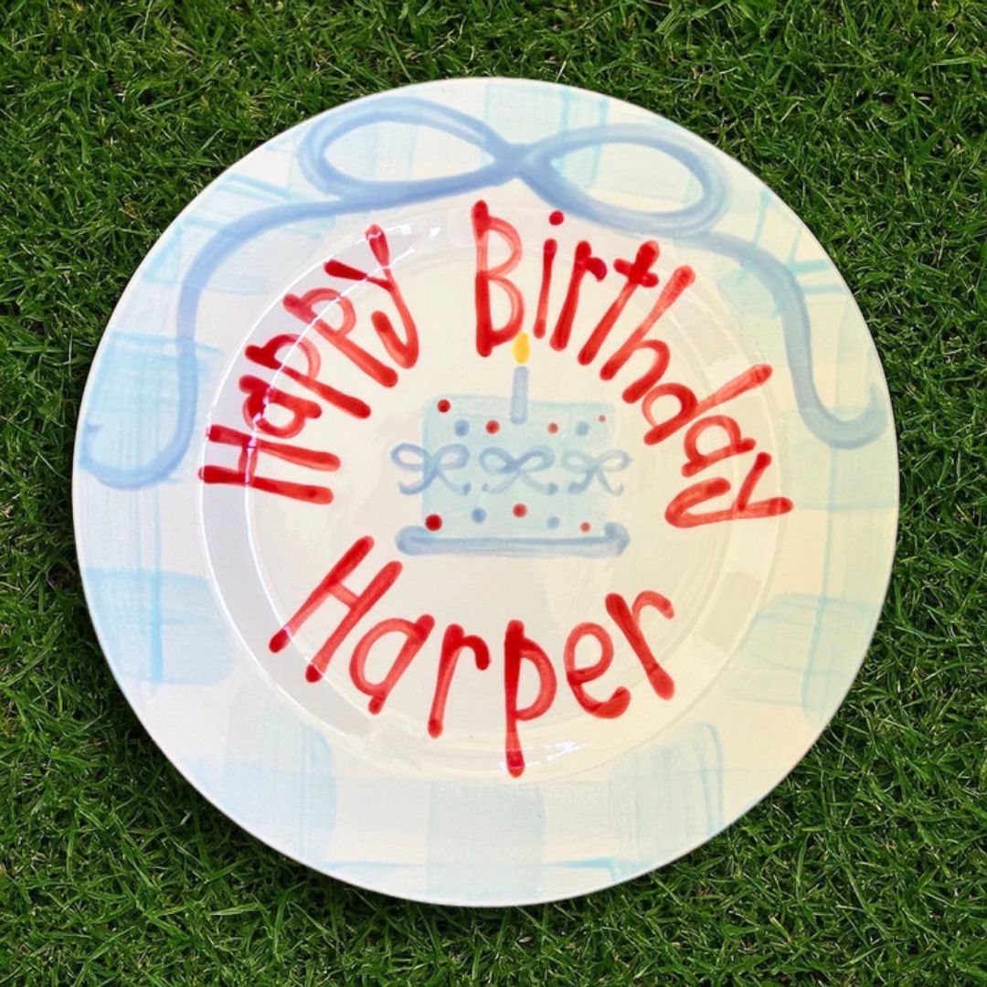 Personalized Preppy Girl's 1st Birthday Plate - Blue Gingham & Red Bows - BCP09