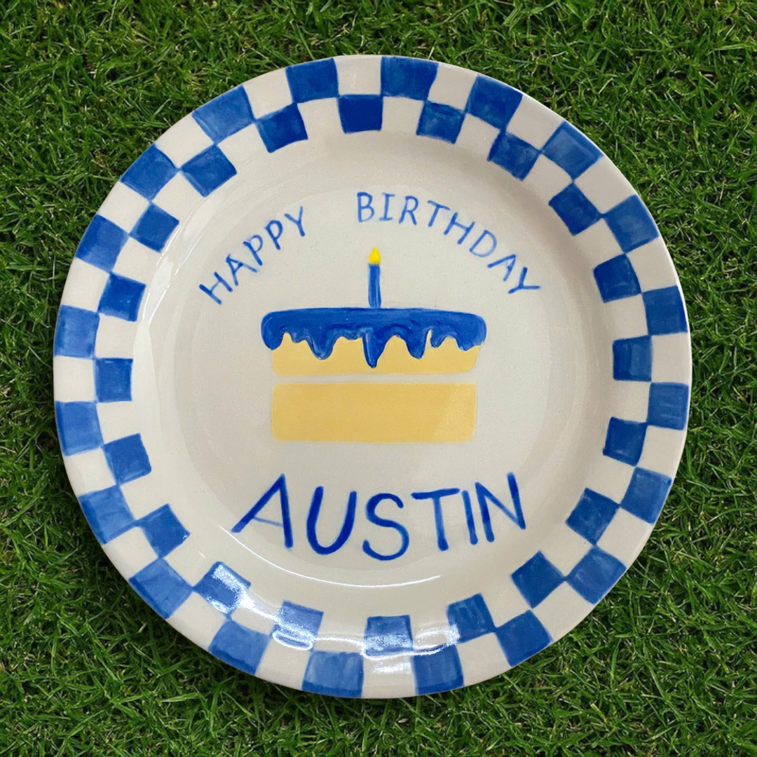 Custom Blue Checkered Birthday Plate – Personalized Ceramic Gift - BCP56