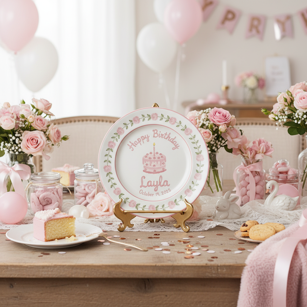 Personalized Girl's Ceramic Birthday Plate - Custom Name & Hand-Painted Floral Keepsake- BCP92
